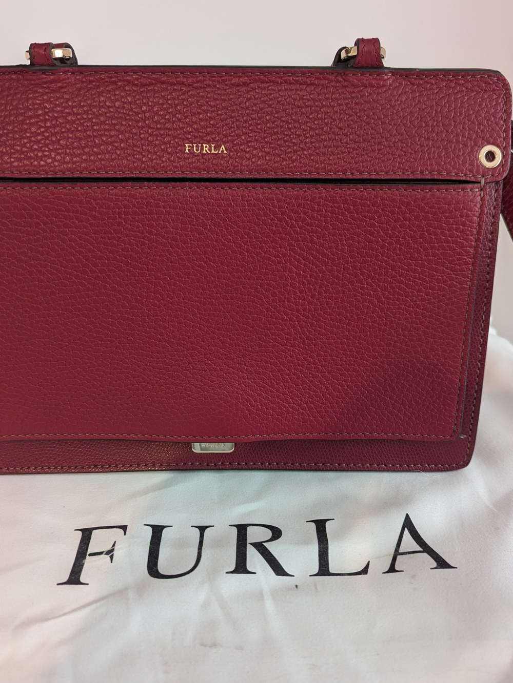 Furla Structured Crossbody Bag Ciliegia Cherry Pebbled Leather Gold Hardware